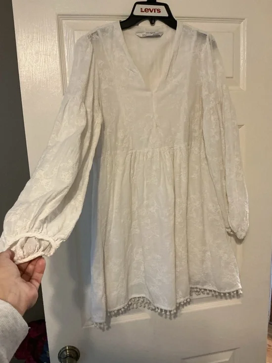 Zara Cream Embroidered Long Sleeve Babydoll Dress Womens Small Cottagecore Fairy - Picture 5 of 13